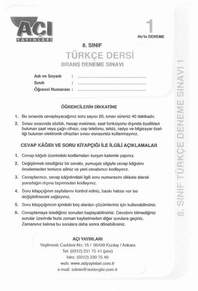 TÜRKÇE DERSİ BRANŞ DENEME SINAVI Vega Efsanesi