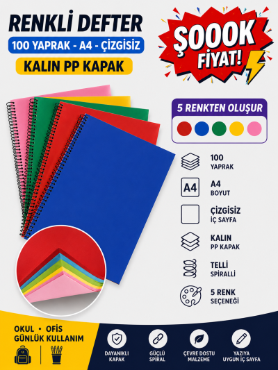 Renkli A4 100 Yaprak Çizgisiz Telli Defter Vega Efsanesi