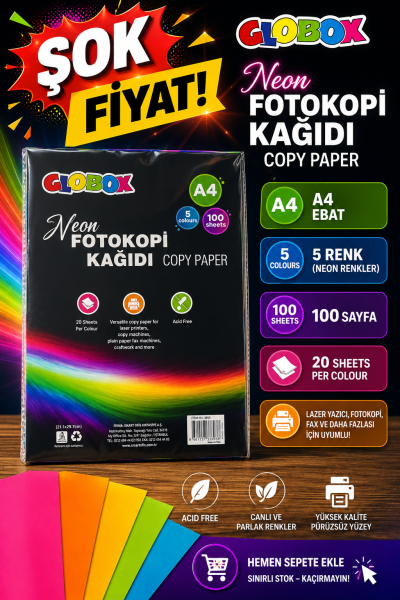5 Renk 100 Sayfa Renkli Fotokopi Kağıdı Neon Globox Vega Efsanesi