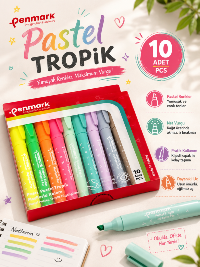 Penmark Kalem Tipi Fosforlu Bristol Kalem Neon Pastel Tropik Renkler 10 Lu