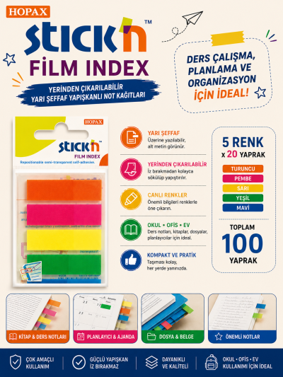 Stickn 45x12 Neon 5 Renk Film Ayraç 25 Yaprak Vega Efsanesi