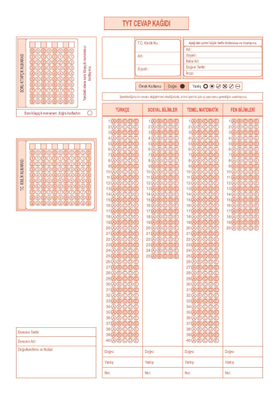 50'Lİ OPTİK FORM RENKLİ A4 ŞEKLİNDE Vega Efsanesi