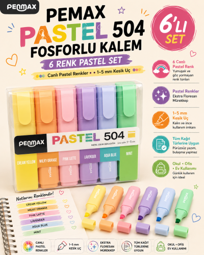 Penmax Fosforlu Işaretleme Kalemi Pastel Renkler 6'lı Set Vega Efsanesi