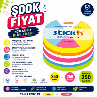 Hopax Stıck'n 21830 Yapışkanlı Yuvarlak Blok Neon 250 Yaprak Vega Efsanesi