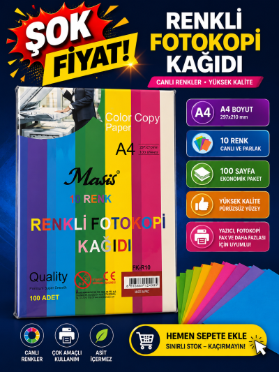 10 Renk 100 Sayfa Renkli Fotokopi Kağıdı Vega Efsanesi