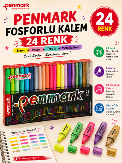 Penmark Fosforlu Kalem 24 Lü Süper Kutu 6 Neon+6 Pastel+6 Tropik+6 Simli Vega Efsanesi