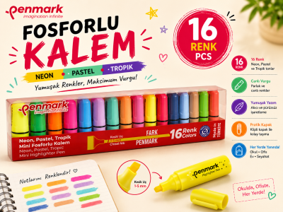 Penmark Mini Fosforlu Kalem 16 Lı Neon+Pastel+Tropik