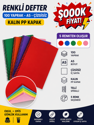 Renkli A5 100 Yaprak Çizgisiz Telli Defter Vega Efsanesi