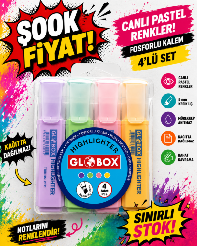 Globox Fosforlu Kalem Pastel Renk 4.lü Vega Efsanesi