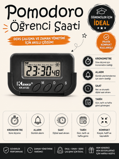 Kenko Pomodoro Öğrenci Saati - Kronometreli Ders Çalışma Saati - Dijital Masa Saati Kenko KK-613D Vega Efsanesi